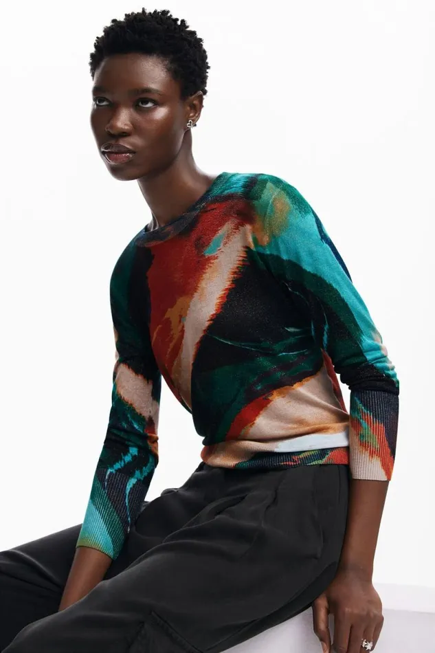Women Jumpers Desigual Fine Knit Arty Faded Sweater
