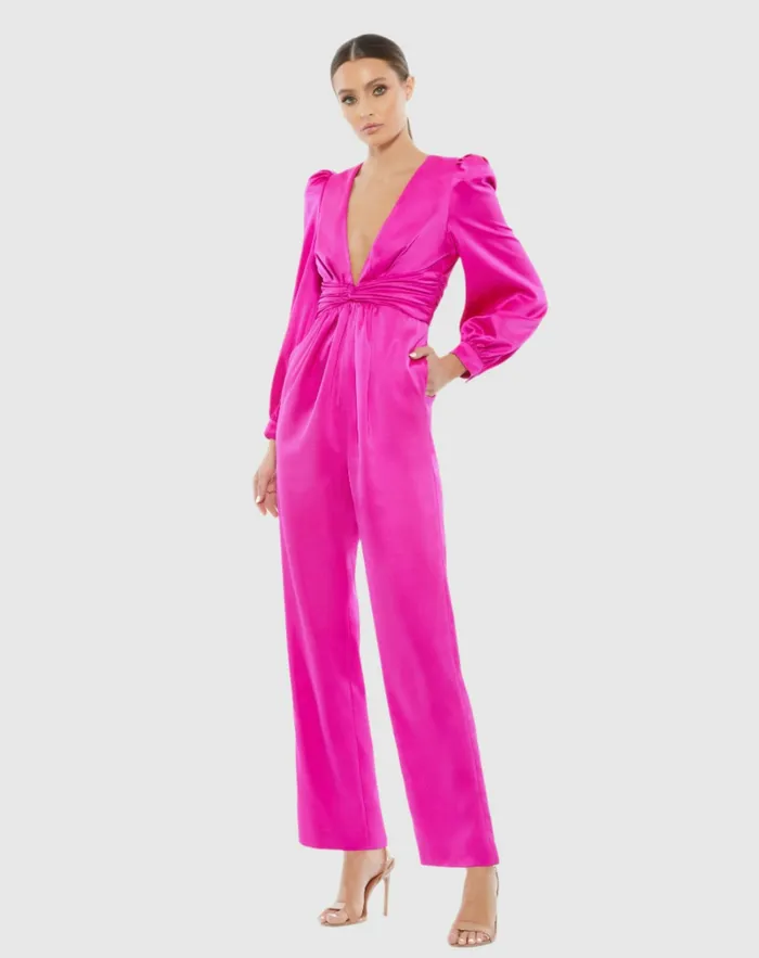 Women Jumpsuits and Rompers Mac Duggal Pink Front Twist Puff Sleeve Deep V Jumpsuit Fuchsia Women Jumpsuits and Rompers Mac Duggal Pink Front Twist Puff Sleeve Deep V Jumpsuit Fuchsia