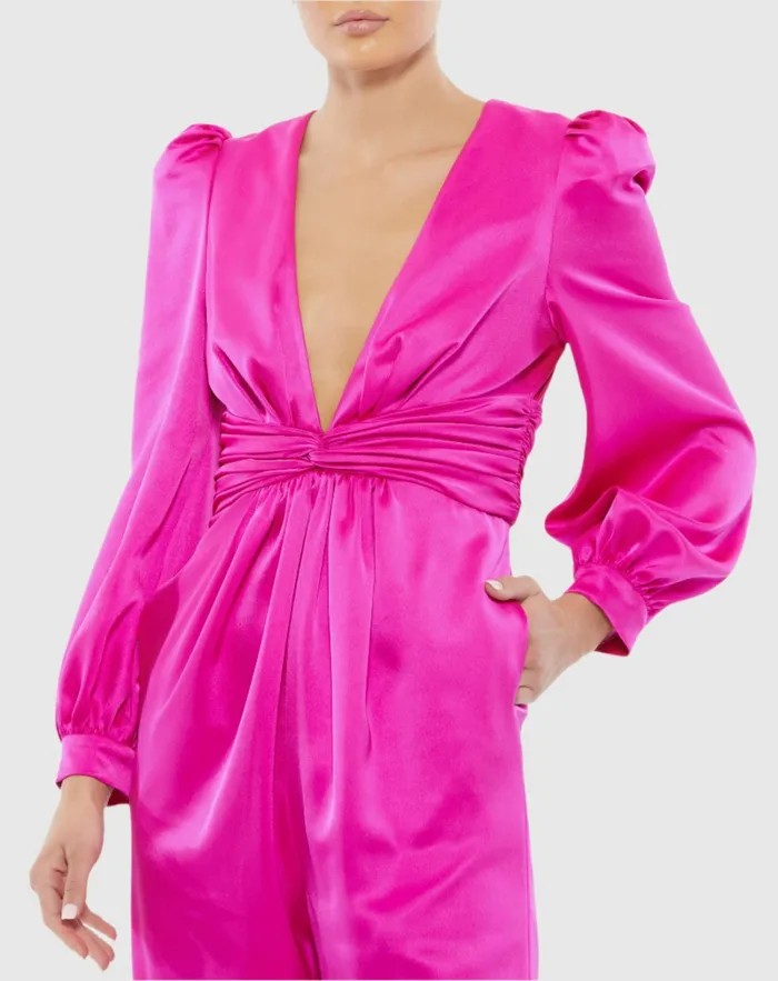 Women Jumpsuits and Rompers Mac Duggal Pink Front Twist Puff Sleeve Deep V Jumpsuit Fuchsia