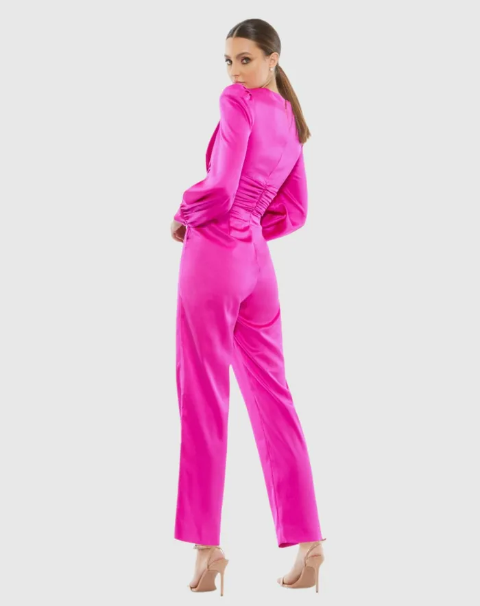 Women Jumpsuits and Rompers Mac Duggal Pink Front Twist Puff Sleeve Deep V Jumpsuit Fuchsia