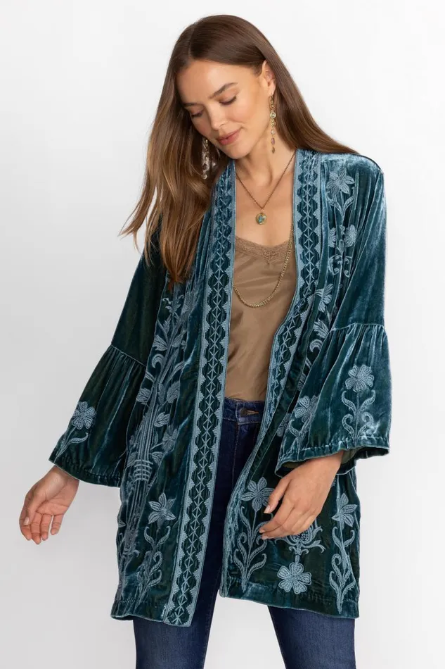 Women Kimonos Johnny Was VELVET RUFFLE SLEEVE KIMONO Peacock