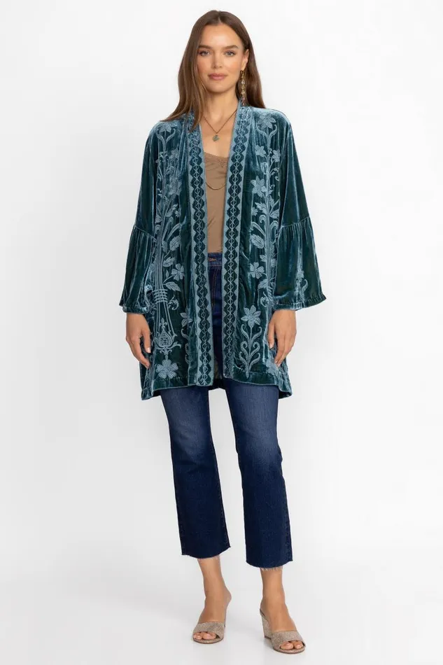 Women Kimonos Johnny Was VELVET RUFFLE SLEEVE KIMONO Peacock Women Kimonos Johnny Was VELVET RUFFLE SLEEVE KIMONO Peacock