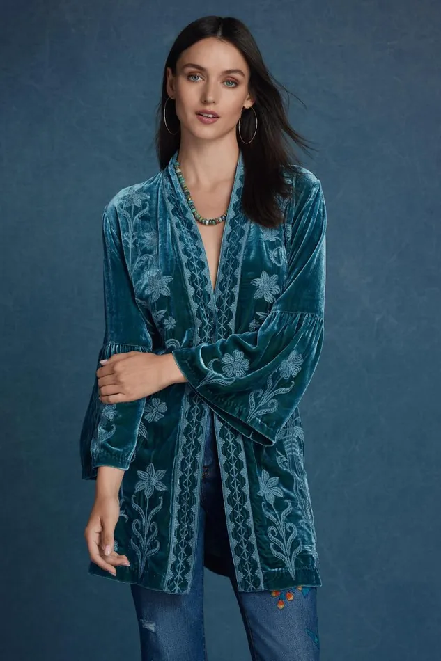 Women Kimonos Johnny Was VELVET RUFFLE SLEEVE KIMONO Peacock Women Kimonos Johnny Was VELVET RUFFLE SLEEVE KIMONO Peacock