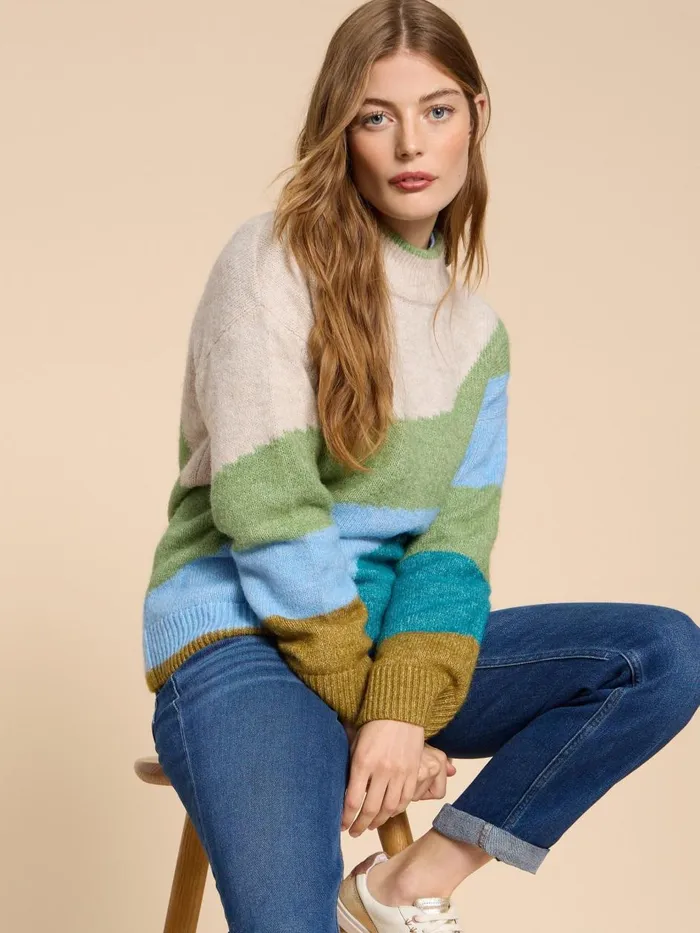Women KNITWEAR White Stuff DAISY COLOUR BLOCK JUMPER Green Multi Women KNITWEAR White Stuff DAISY COLOUR BLOCK JUMPER Green Multi