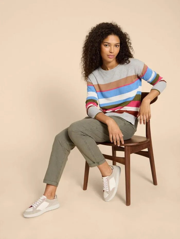 Women KNITWEAR White Stuff OLIVE STRIPE KNITTED JUMPER Grey Multi