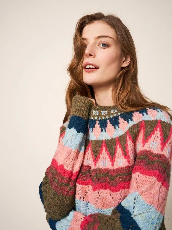 Women KNITWEAR White Stuff YOKE PATTERN JUMPER Pink Multi