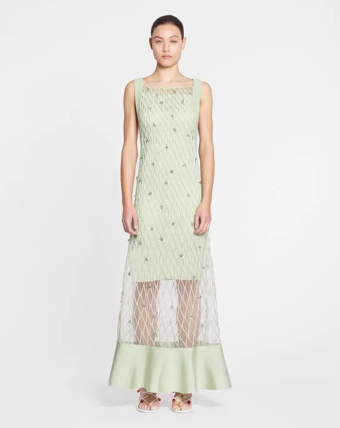Women Lanvin Dresses Embroidered Knit Dress Almond Women Lanvin Dresses Embroidered Knit Dress Almond