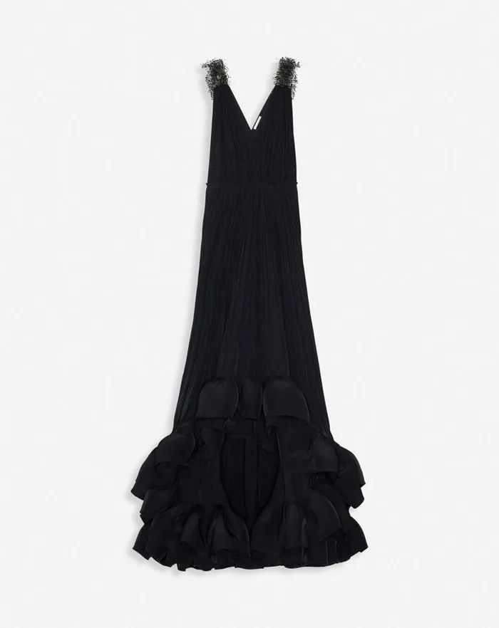 Women Lanvin Dresses Long Embroidered Charmeuse Evening Gown Black