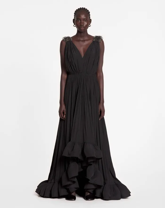 Women Lanvin Dresses Long Embroidered Charmeuse Evening Gown Black