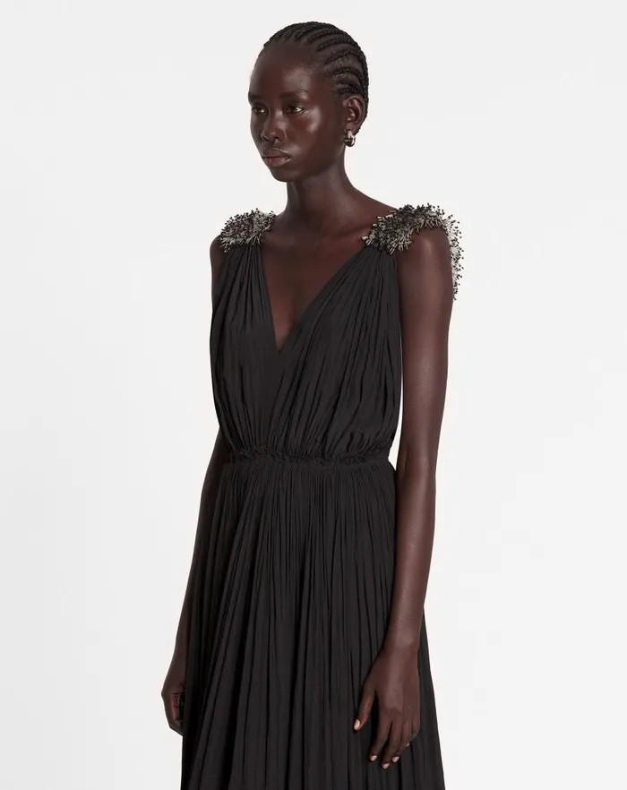 Women Lanvin Dresses Long Embroidered Charmeuse Evening Gown Black