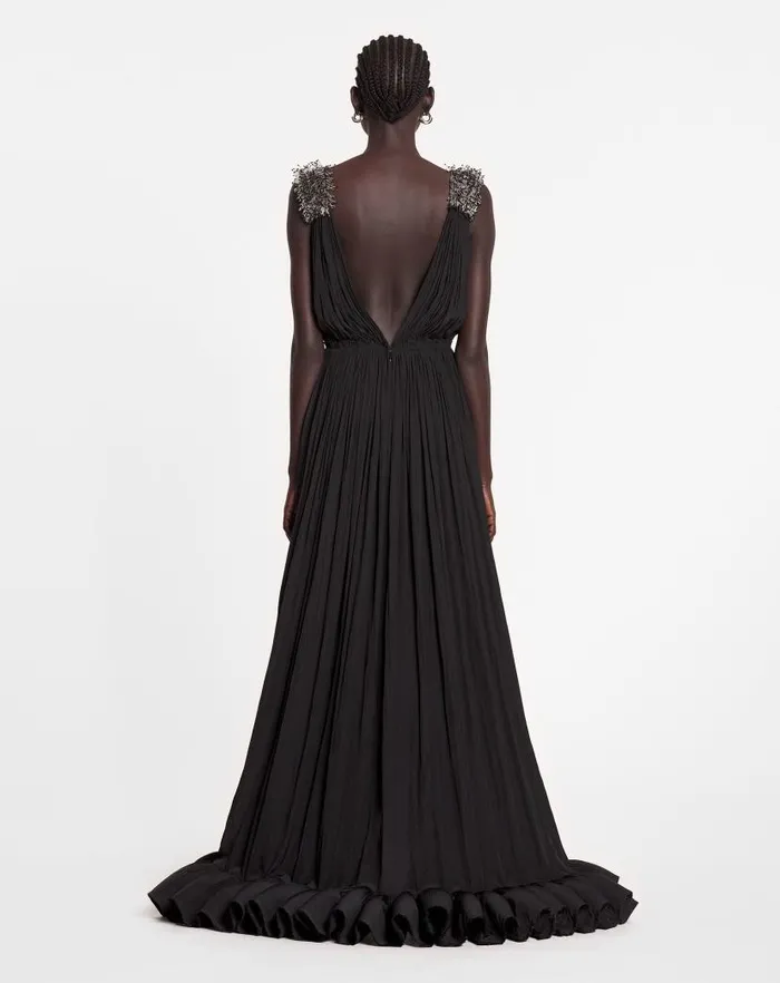 Women Lanvin Dresses Long Embroidered Charmeuse Evening Gown Black