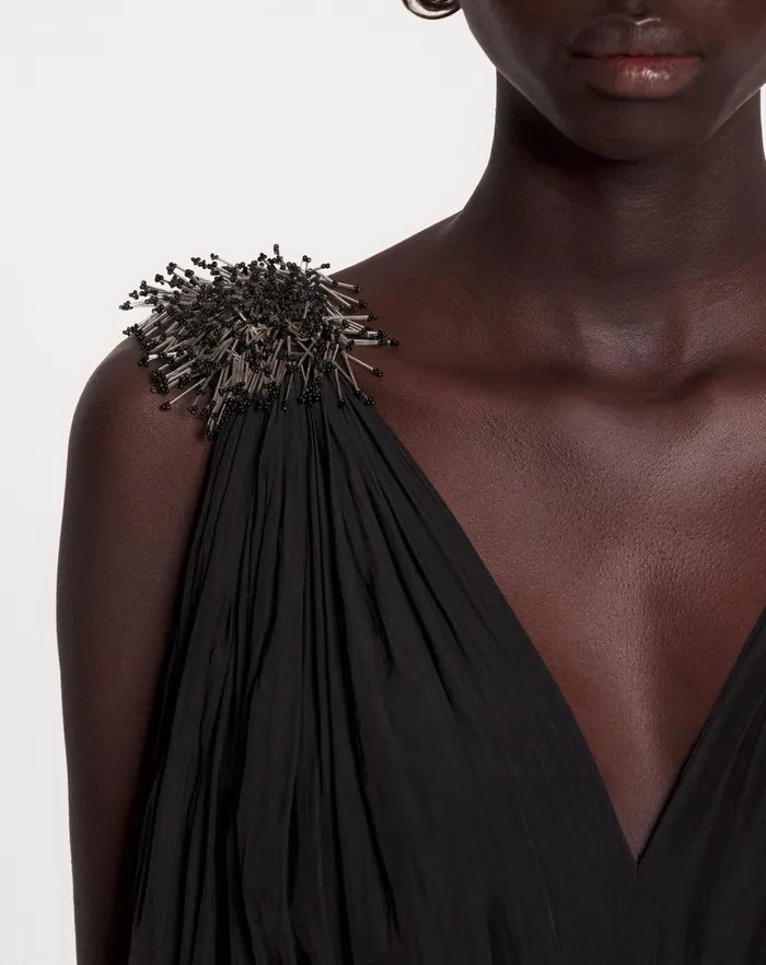 Women Lanvin Dresses Long Embroidered Charmeuse Evening Gown Black