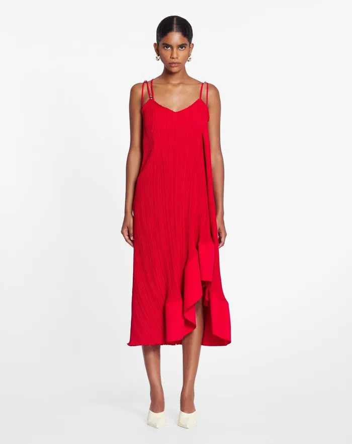 Women Lanvin Dresses Pleated Dress With Straps Flame Women Lanvin Dresses Pleated Dress With Straps Flame