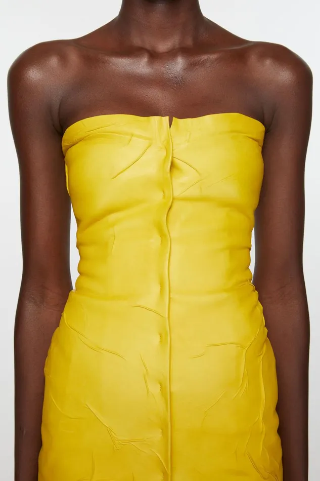 Women Leather Bustier Dress Yellow Acne Studios Dresses