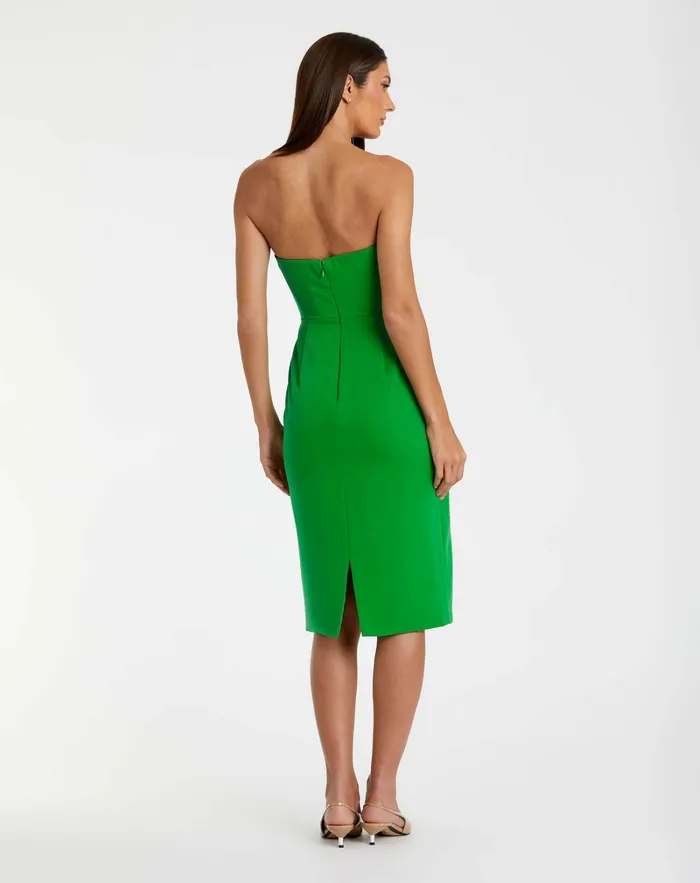 Women Mac Duggal Crepe Strapless Twist Top Fitted Midi Dress Spring Green Every Day Dresses