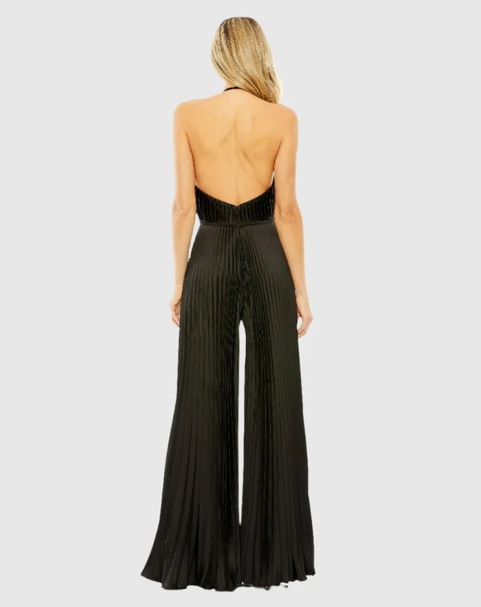 Women Mac Duggal Halter Neck Keyhole Detail Pleated Jumpsuit Black Jumpsuits and Rompers