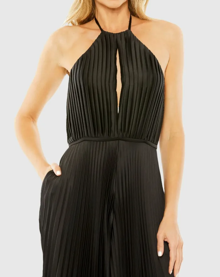 Women Mac Duggal Halter Neck Keyhole Detail Pleated Jumpsuit Black Jumpsuits and Rompers