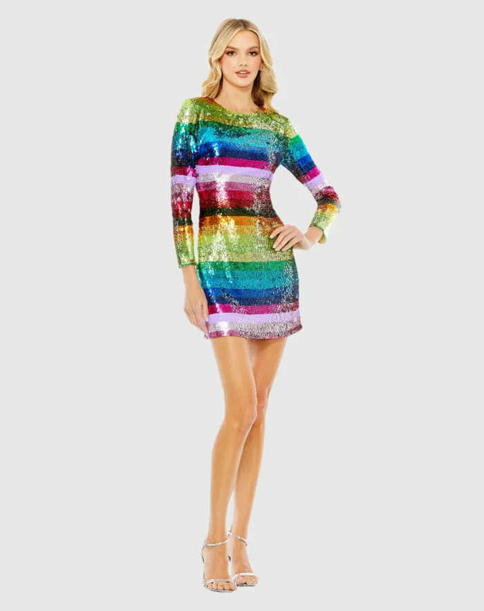 Women Mac Duggal Long Sleeve Sequin Rainbow Dress Multi Cocktail Dresses