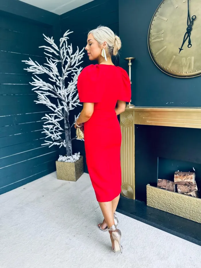 Women Maxi Canella Lane April Shoulder Detail Occasion Midi Dress Red