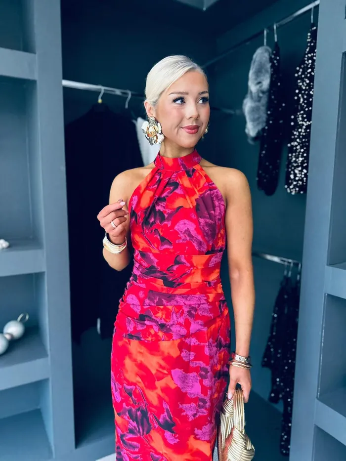 Women Maxi Canella Lane Rowan Abstract Print Halter Midi Dress Orange and Purple