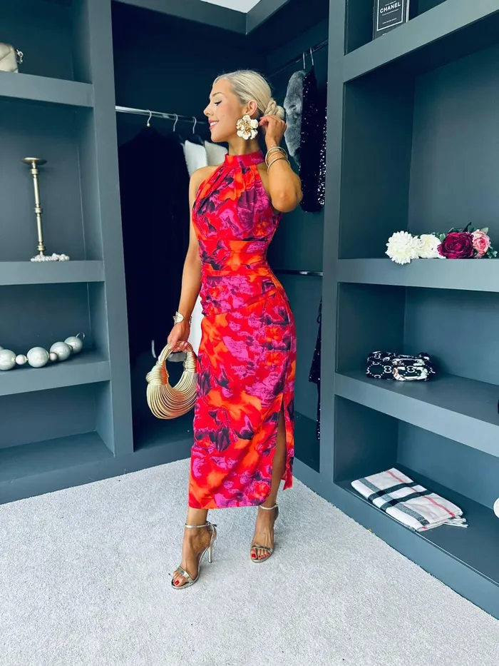 Women Maxi Canella Lane Rowan Abstract Print Halter Midi Dress Orange and Purple