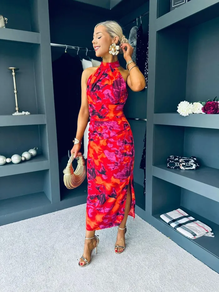Women Maxi Canella Lane Rowan Abstract Print Halter Midi Dress Orange and Purple