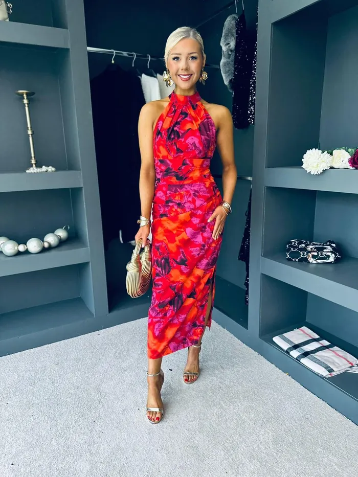 Women Maxi Canella Lane Rowan Abstract Print Halter Midi Dress Orange and Purple