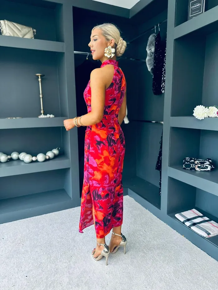 Women Maxi Canella Lane Rowan Abstract Print Halter Midi Dress Orange and Purple