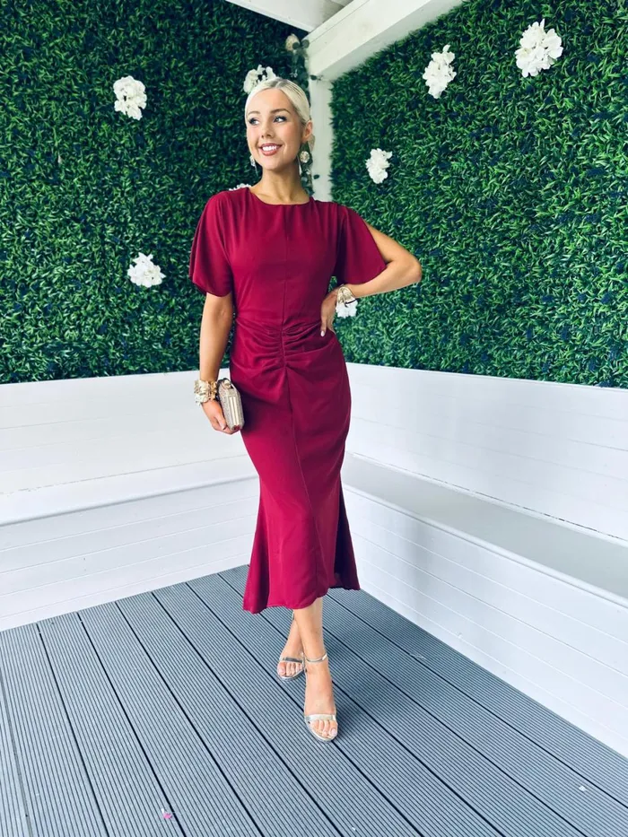 Women Midi Canella Lane Cleo Ruched Detail Midi Dress Berry