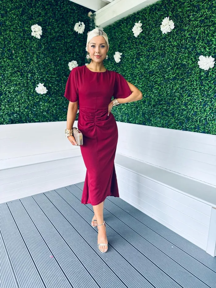 Women Midi Canella Lane Cleo Ruched Detail Midi Dress Berry