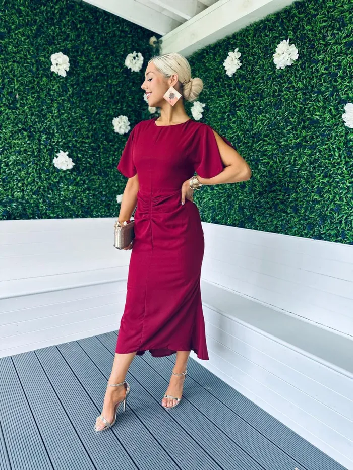 Women Midi Canella Lane Cleo Ruched Detail Midi Dress Berry