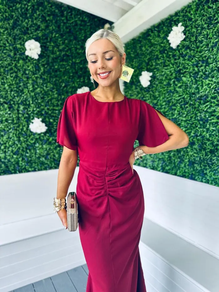 Women Midi Canella Lane Cleo Ruched Detail Midi Dress Berry