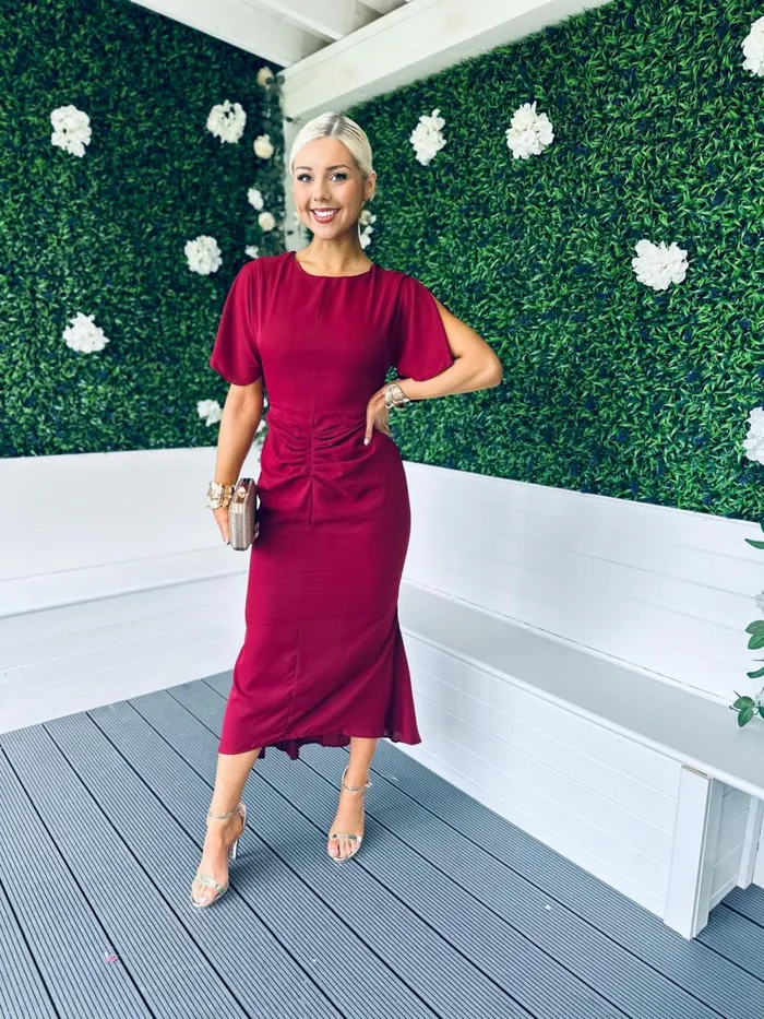 Women Midi Canella Lane Cleo Ruched Detail Midi Dress Berry