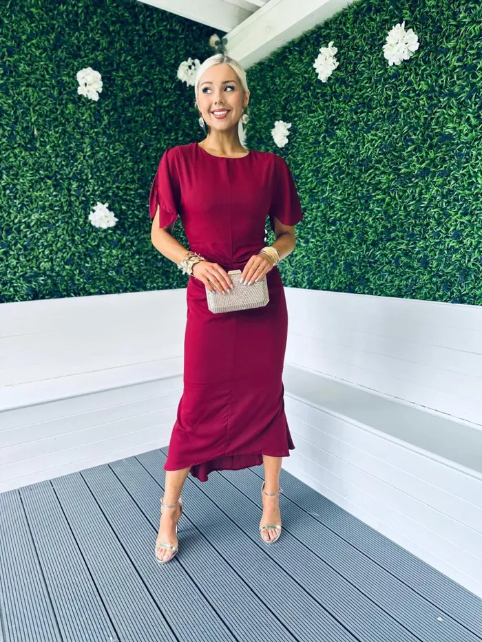 Women Midi Canella Lane Cleo Ruched Detail Midi Dress Berry
