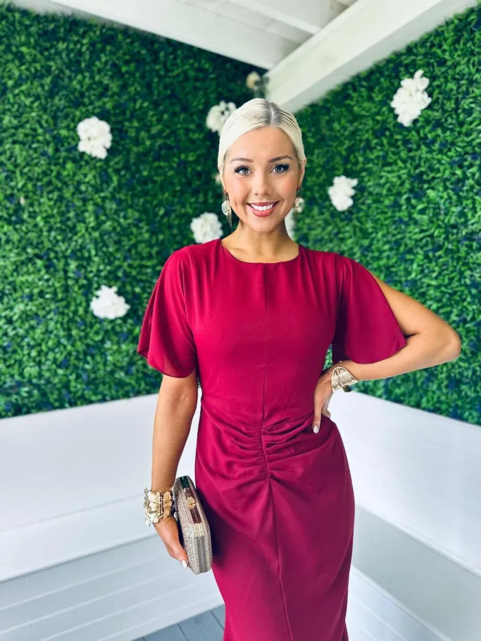 Women Midi Canella Lane Cleo Ruched Detail Midi Dress Berry