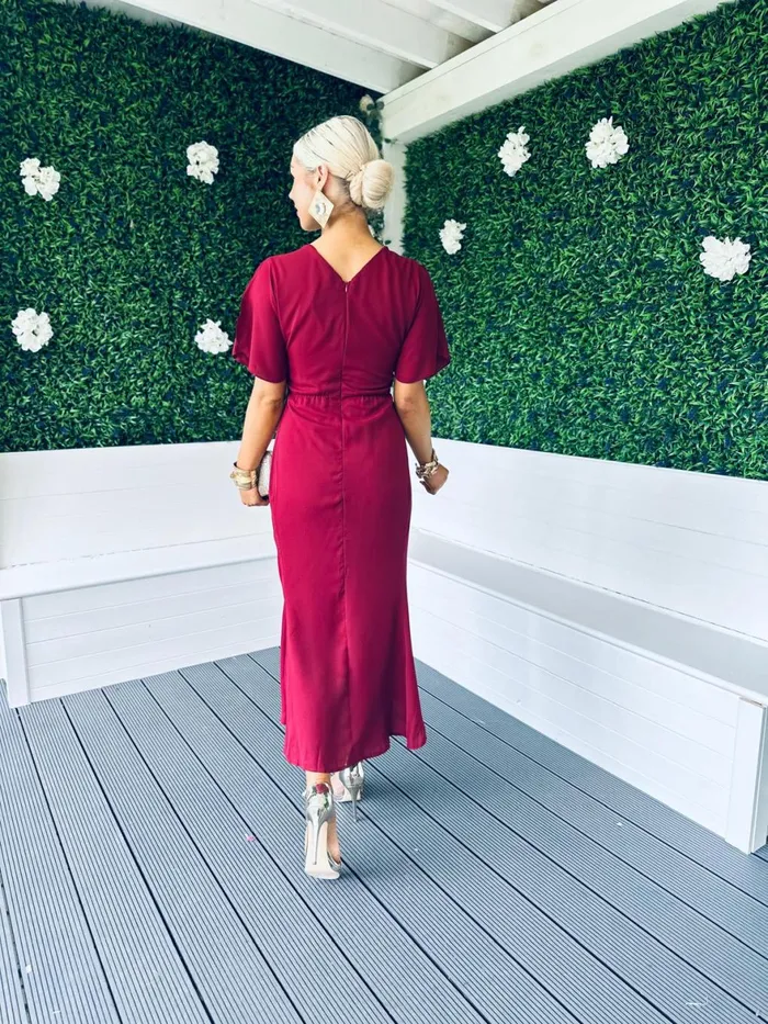 Women Midi Canella Lane Cleo Ruched Detail Midi Dress Berry