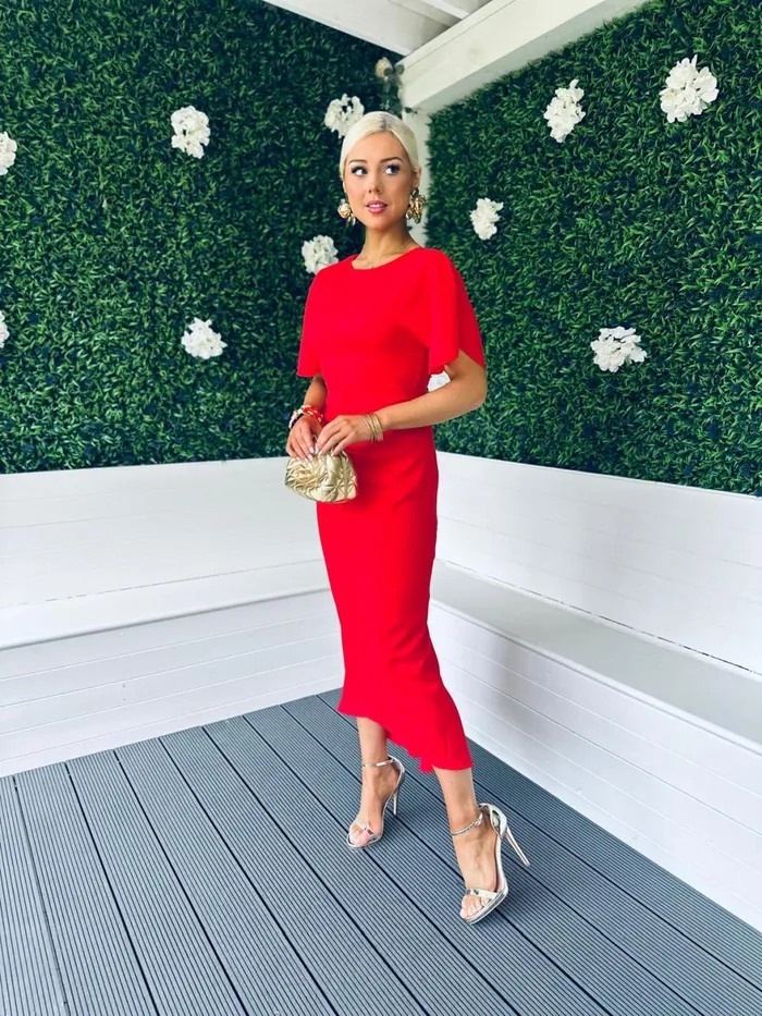 Women Midi Canella Lane Cleo Ruched Detail Midi Dress Red