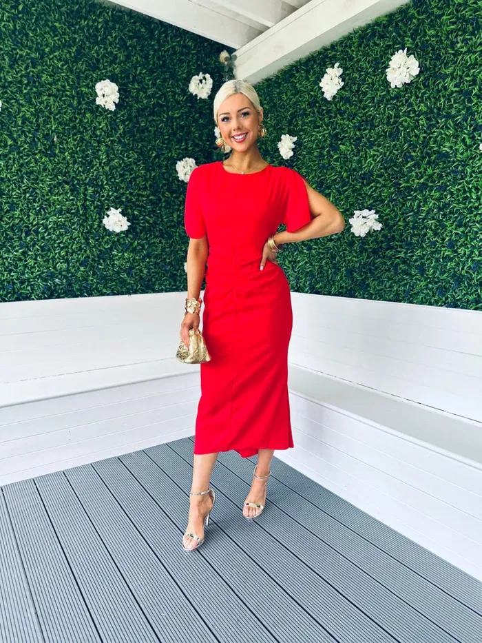 Women Midi Canella Lane Cleo Ruched Detail Midi Dress Red