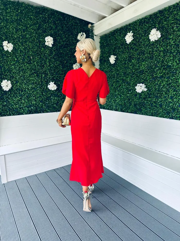 Women Midi Canella Lane Cleo Ruched Detail Midi Dress Red