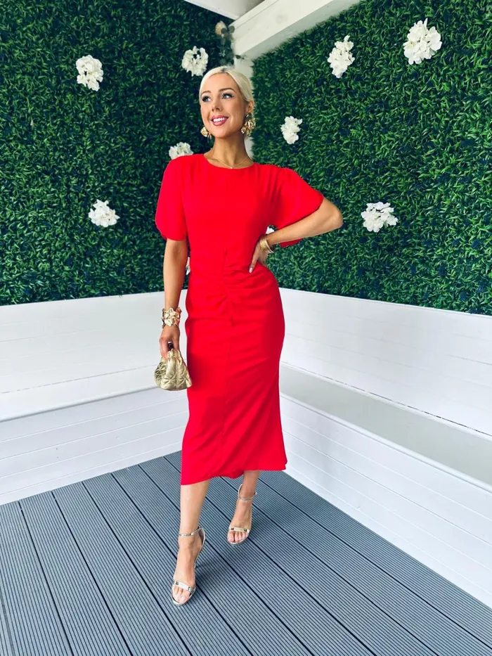 Women Midi Canella Lane Cleo Ruched Detail Midi Dress Red