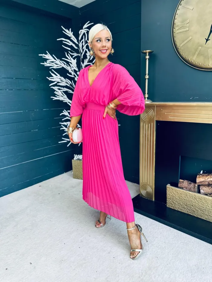 Women Midi Canella Lane Daniella Pleated Midi Dress Cerise