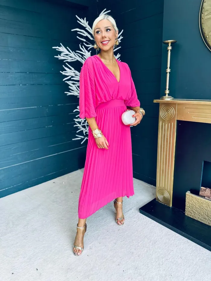 Women Midi Canella Lane Daniella Pleated Midi Dress Cerise