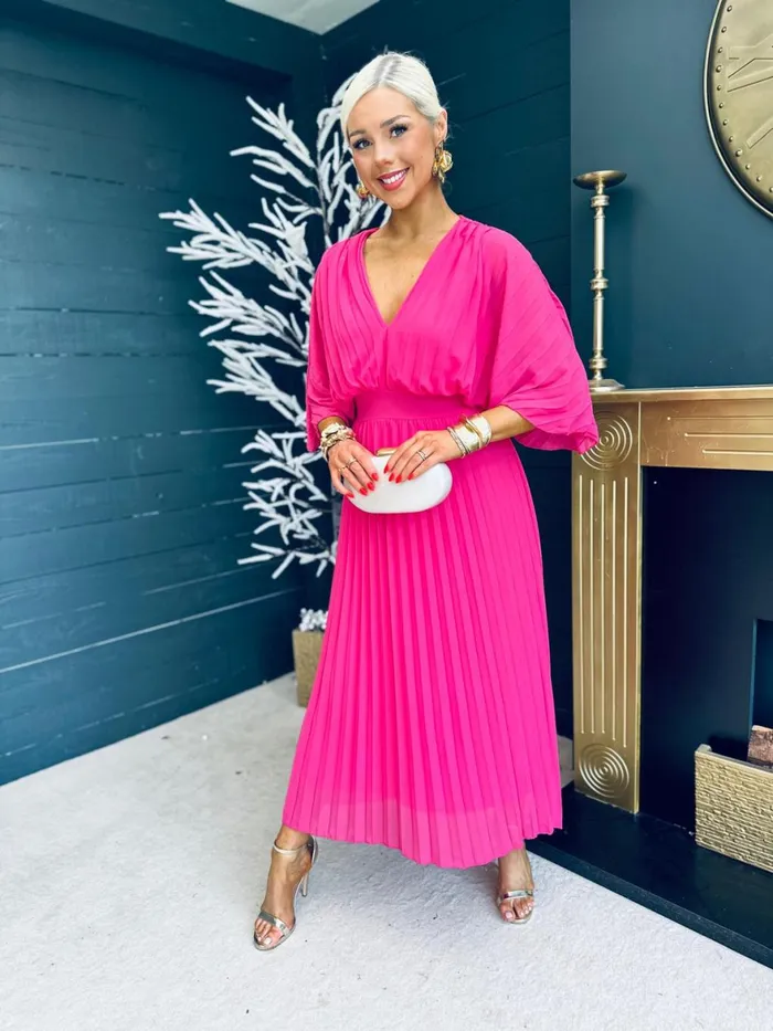 Women Midi Canella Lane Daniella Pleated Midi Dress Cerise