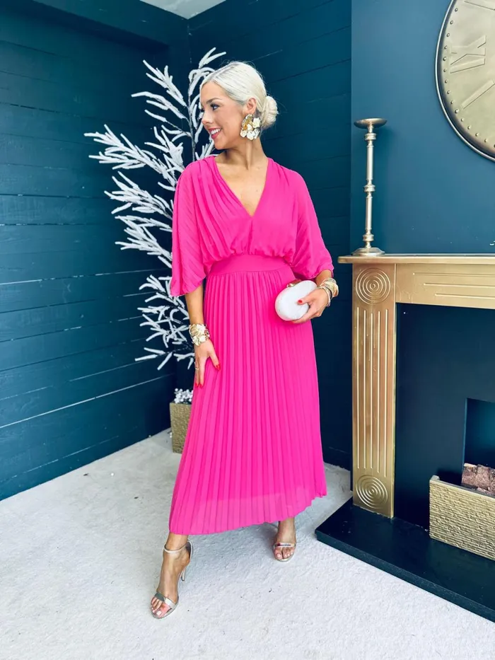 Women Midi Canella Lane Daniella Pleated Midi Dress Cerise