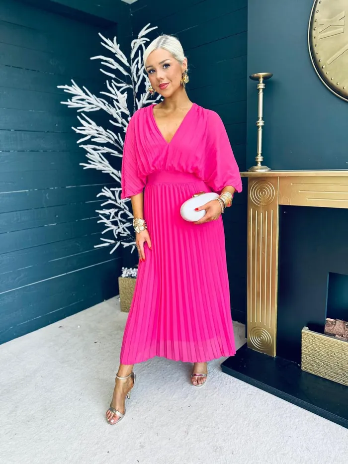 Women Midi Canella Lane Daniella Pleated Midi Dress Cerise