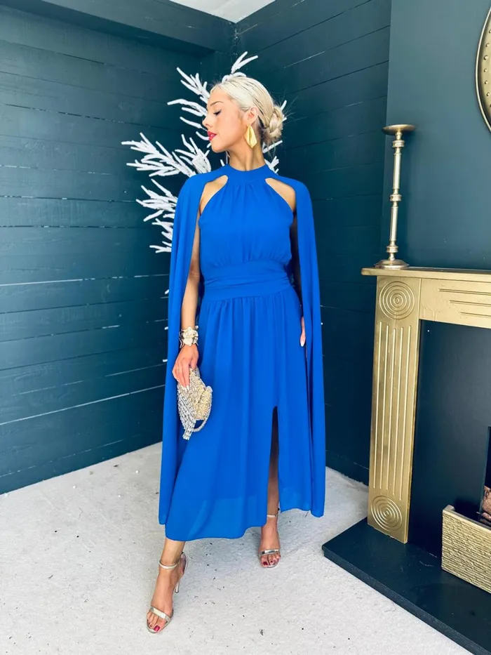 Women Midi Canella Lane Sorcha Cape Detail Occasion Dress Royal