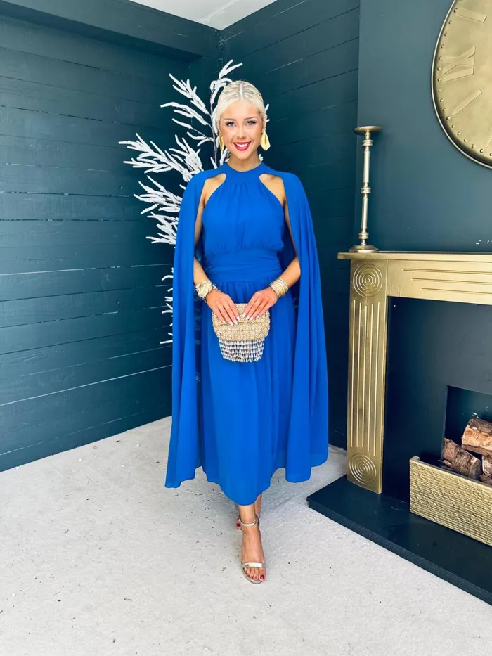 Women Midi Canella Lane Sorcha Cape Detail Occasion Dress Royal