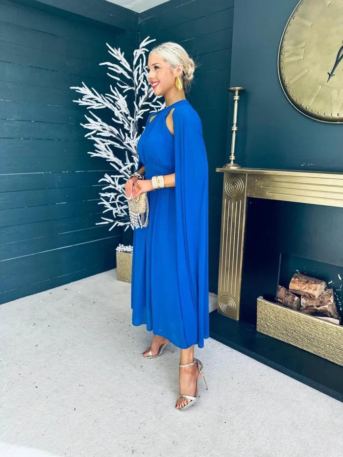 Women Midi Canella Lane Sorcha Cape Detail Occasion Dress Royal