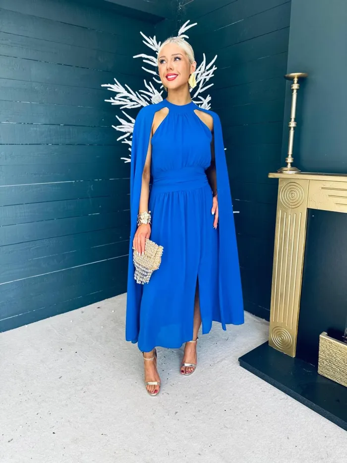 Women Midi Canella Lane Sorcha Cape Detail Occasion Dress Royal