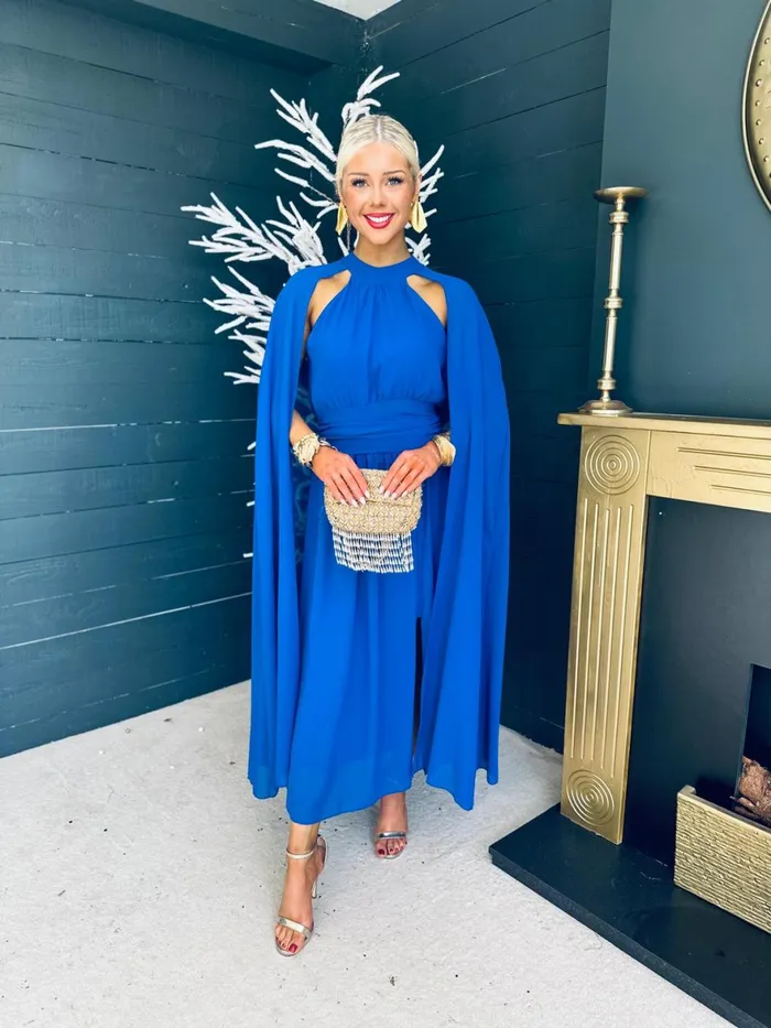 Women Midi Canella Lane Sorcha Cape Detail Occasion Dress Royal